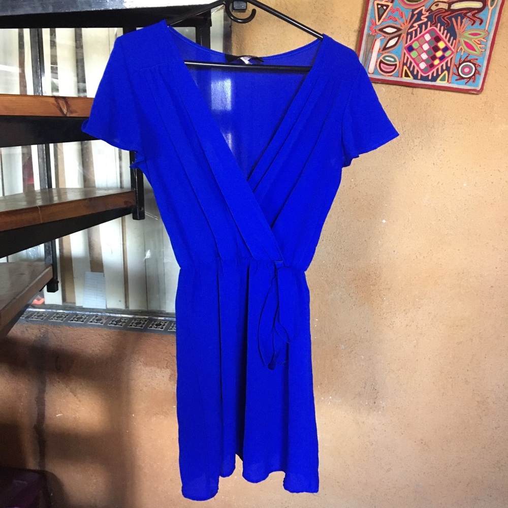 Blue crepe faux wrap dress, EUC